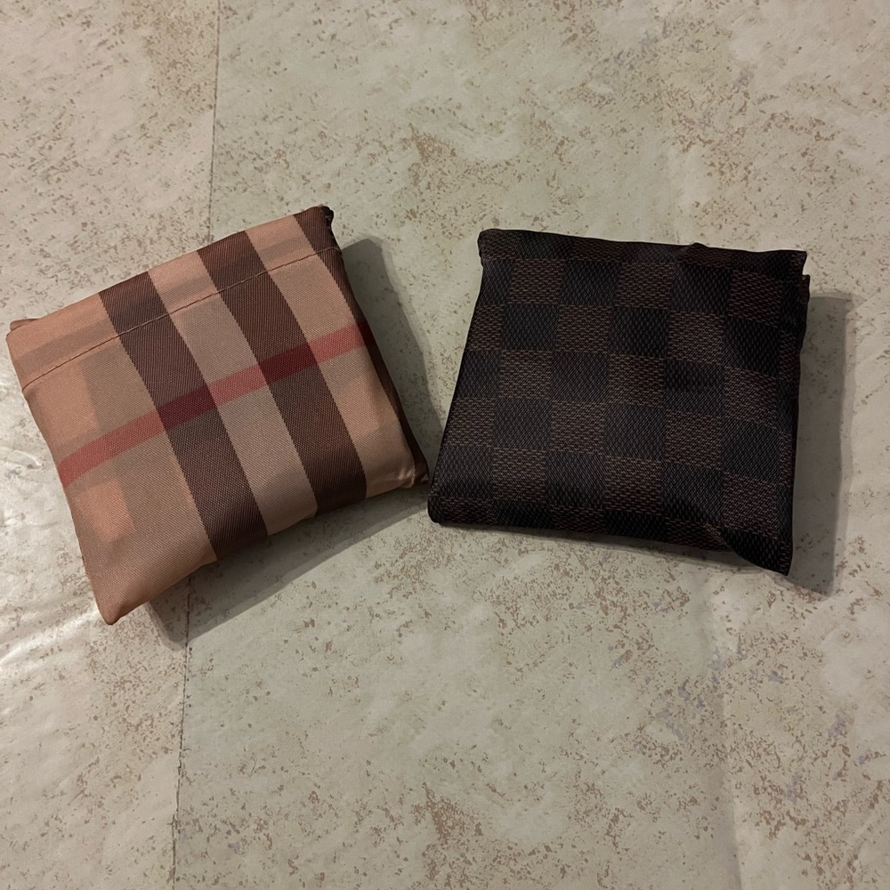 Checkered and striped reusable tote bags designer inspired designs.